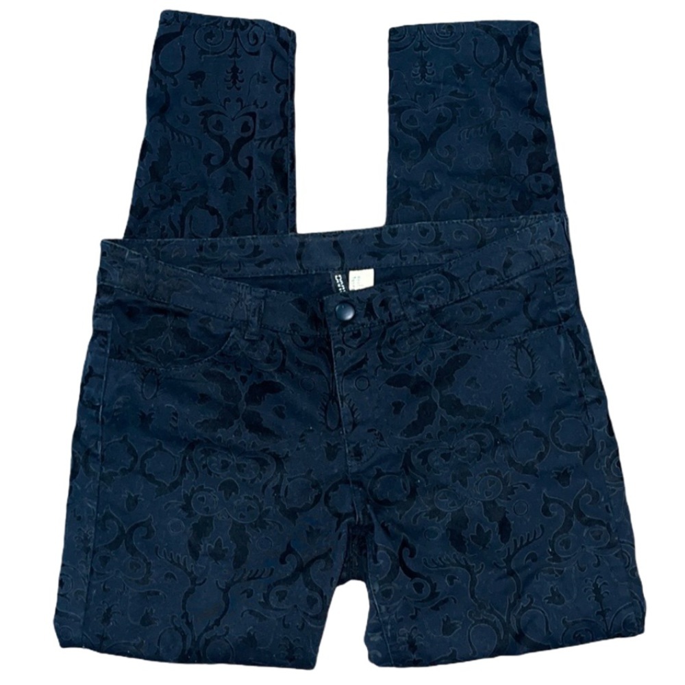 Black Velvet Floral Print Textured Skinny Pants